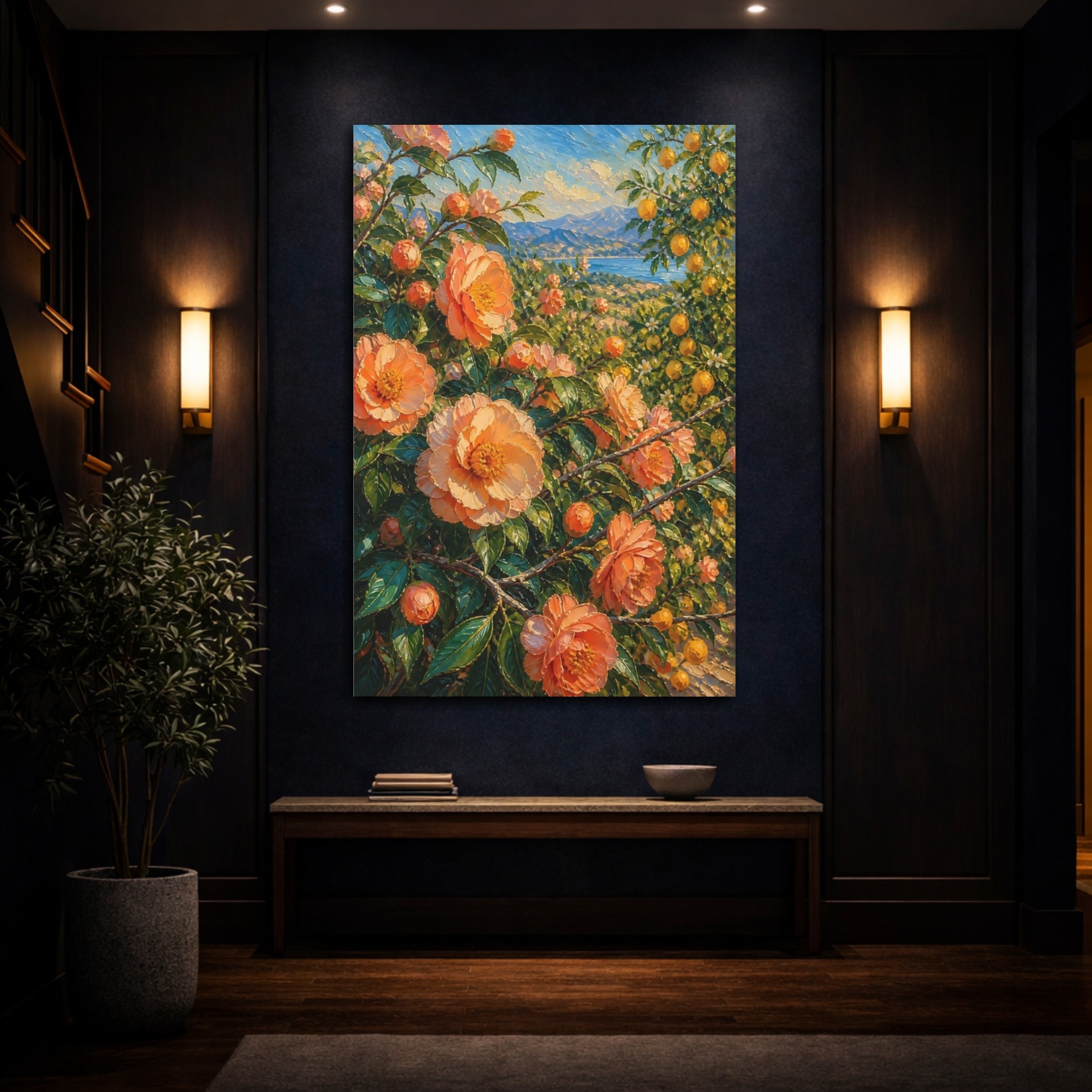 Mockup 4. Floral Orange Flowers Orange Floral Landscape shown as stretched canvas wall art