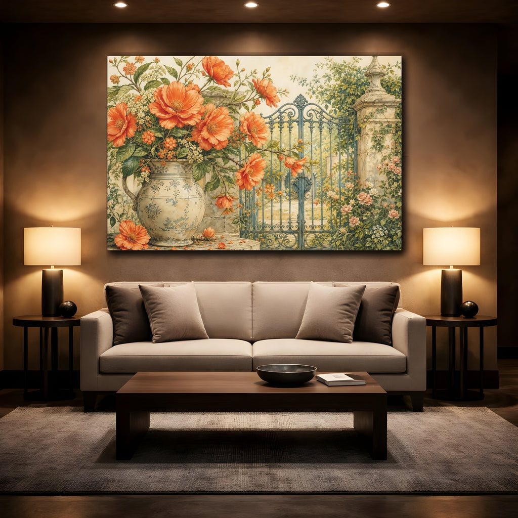Mockup 2. Floral Orange Flowers Orange Floral shown as stretched canvas wall art