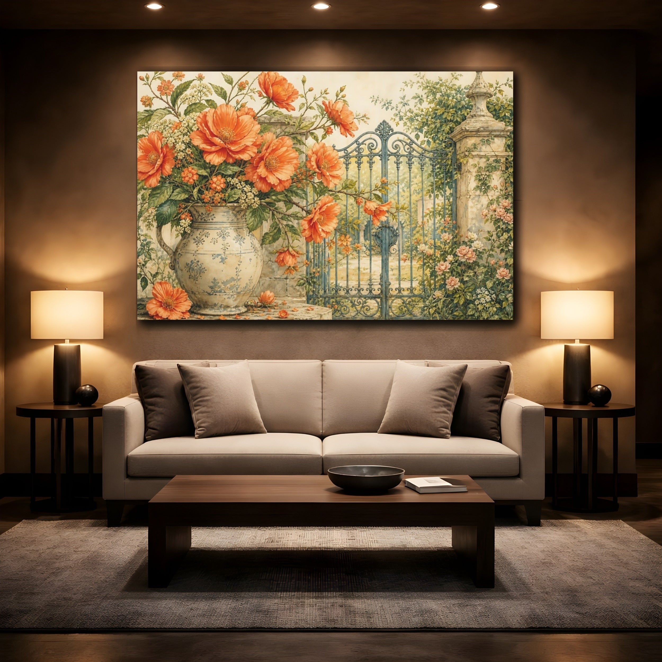 Mockup 2. Floral Orange Flowers Orange Floral shown as stretched canvas wall art