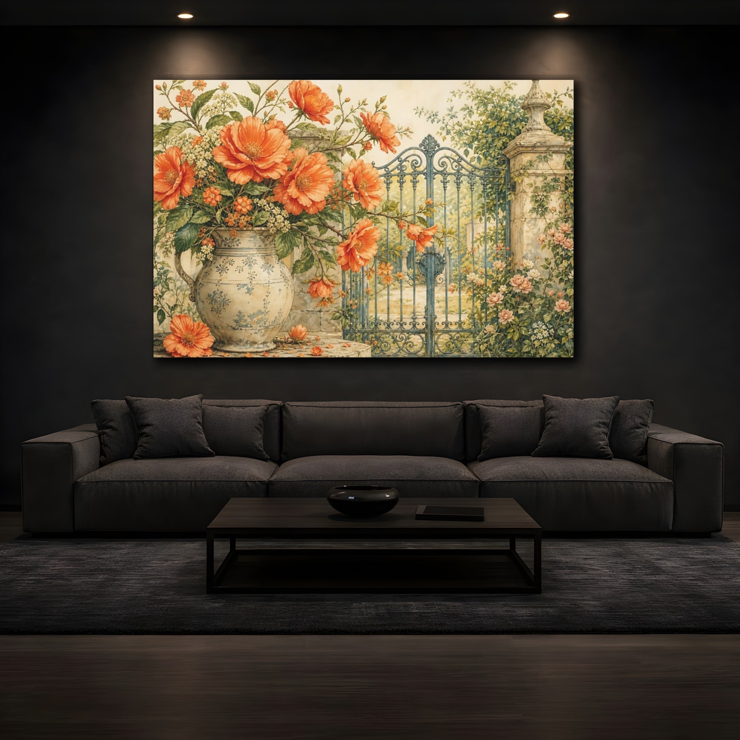 Mockup 3. Floral Orange Flowers Orange Floral shown as stretched canvas wall art
