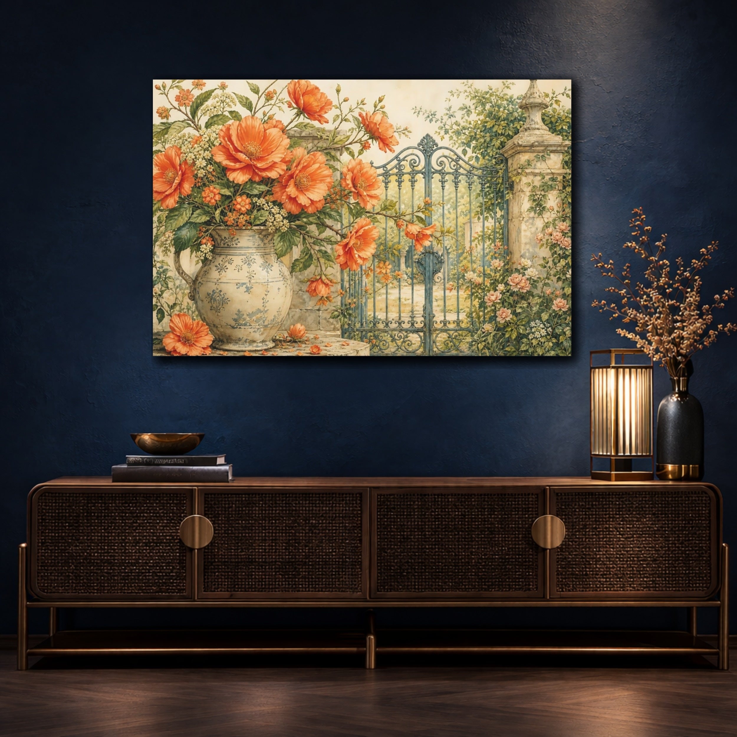 Mockup 4. Floral Orange Flowers Orange Floral shown as stretched canvas wall art