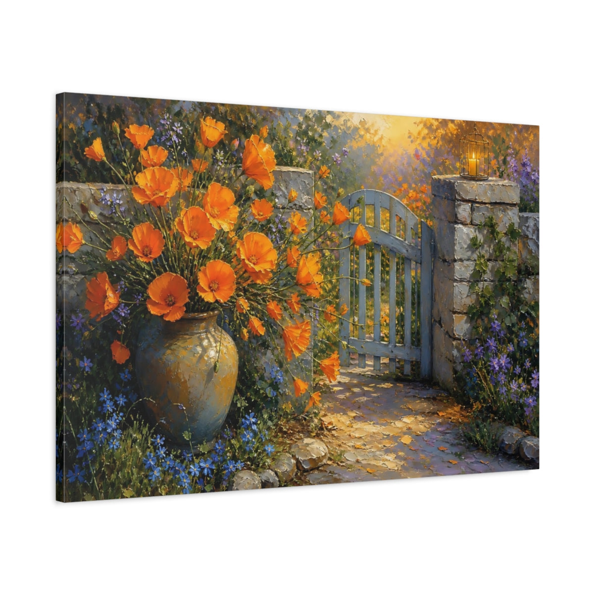 Main Mockup. Floral Orange Flowers Vibrant Garden shown as stretched canvas wall art