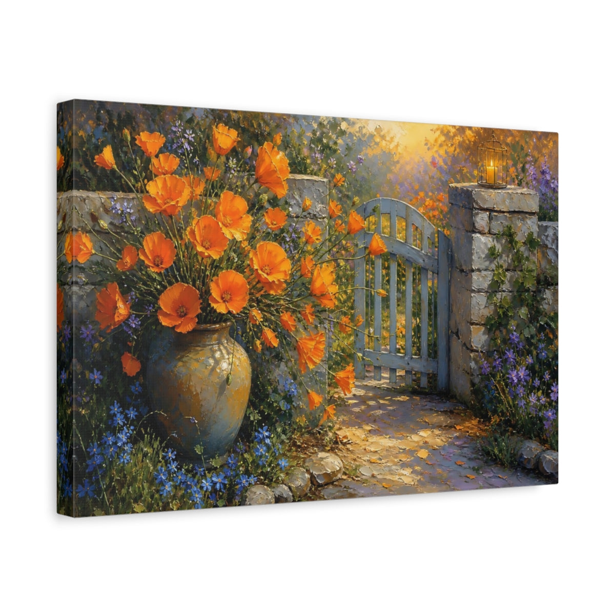 Side Mockup 4. Floral Orange Flowers Vibrant Garden shown as stretched canvas wall art