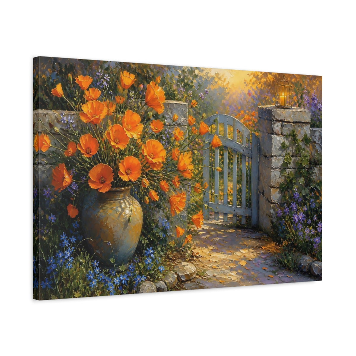 Side Mockup 2. Floral Orange Flowers Vibrant Garden shown as stretched canvas wall art