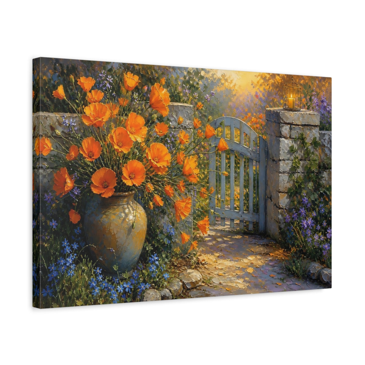 Side Mockup 3. Floral Orange Flowers Vibrant Garden shown as stretched canvas wall art