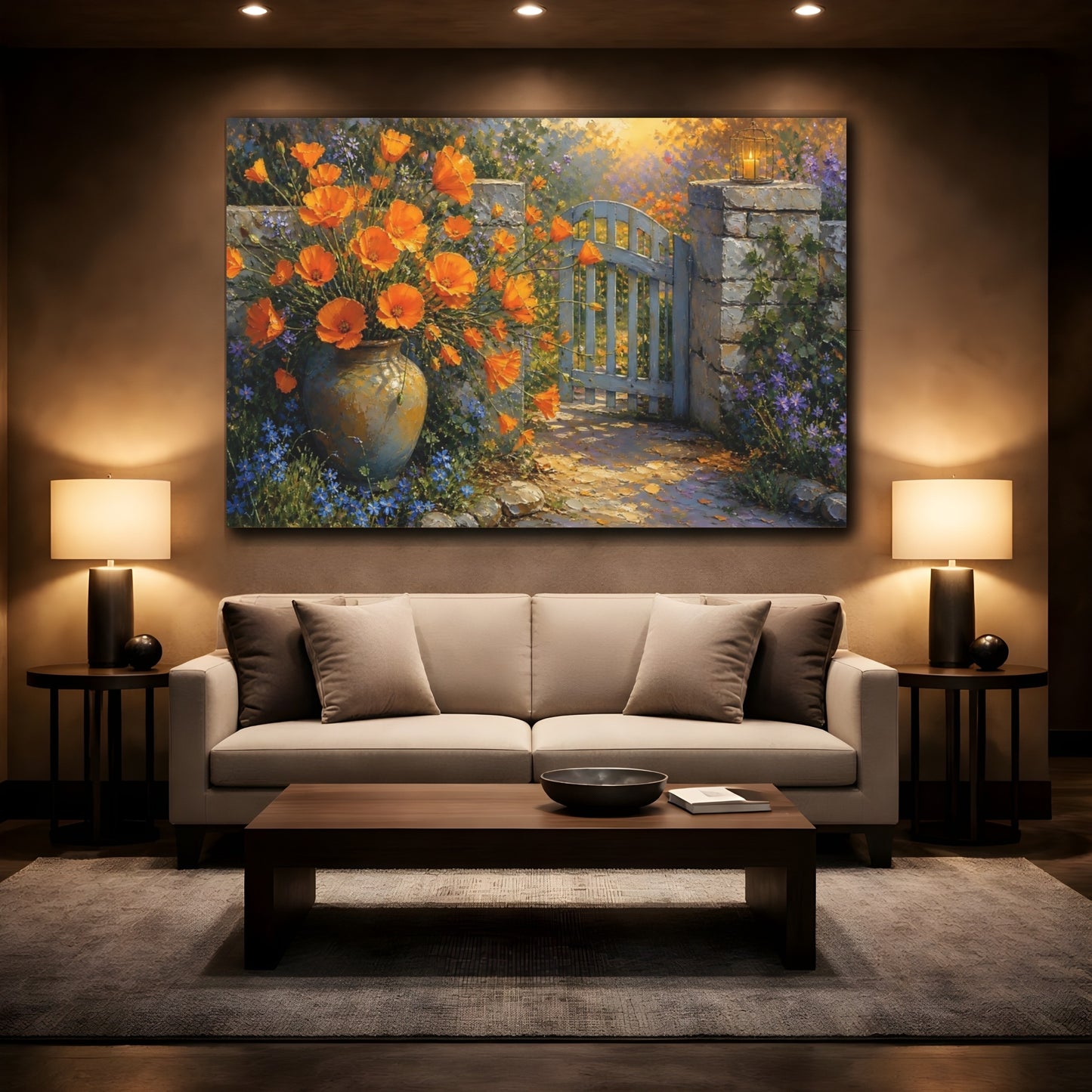 Mockup 2. Floral Orange Flowers Vibrant Garden shown as stretched canvas wall art