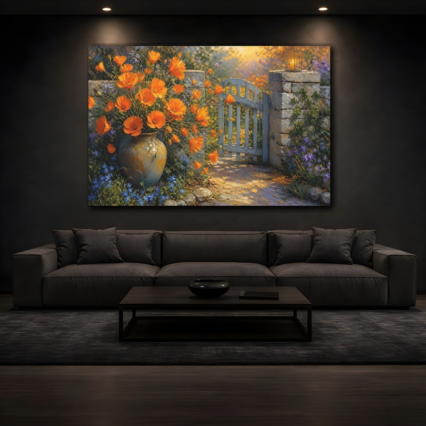 Mockup 3. Floral Orange Flowers Vibrant Garden shown as stretched canvas wall art