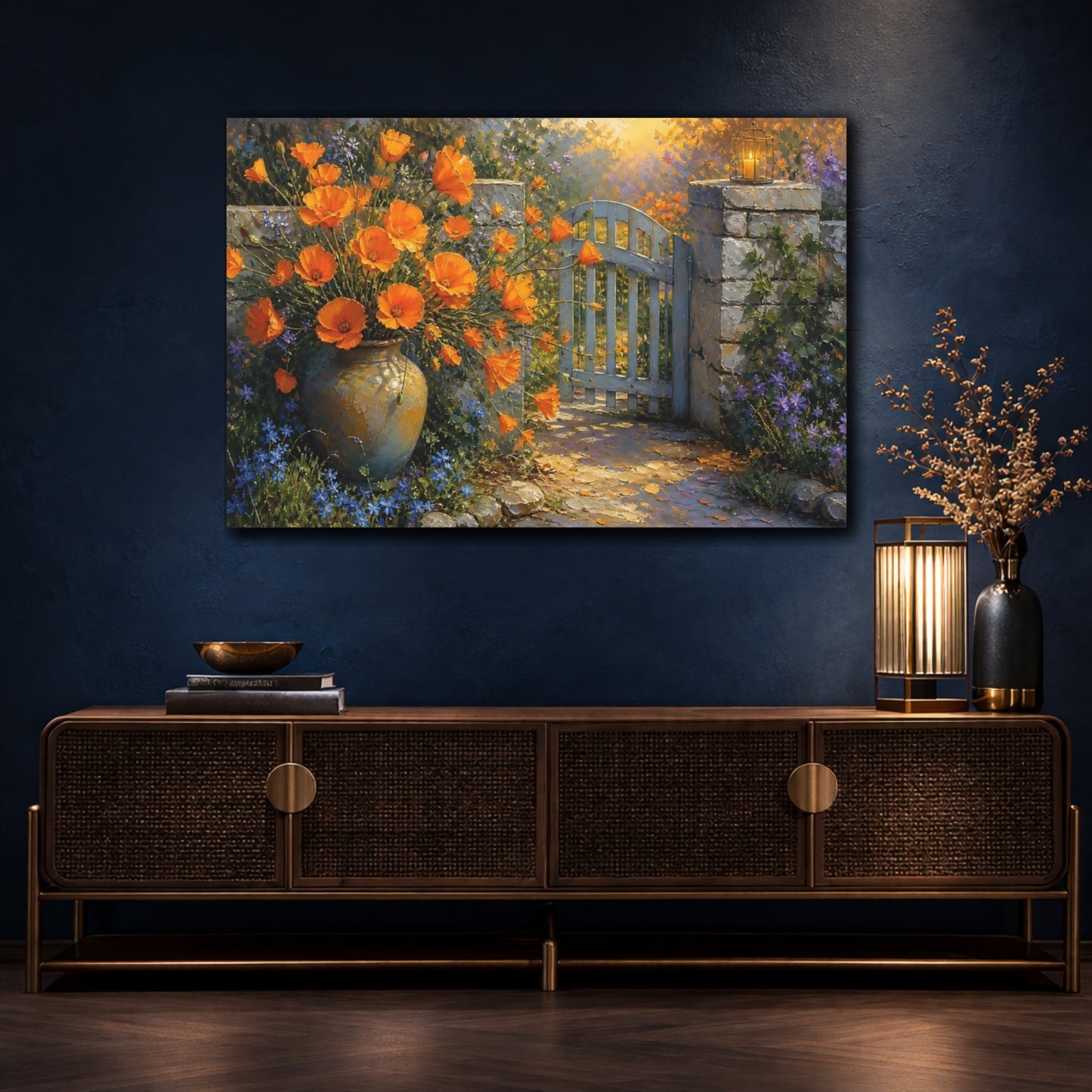 Mockup 4. Floral Orange Flowers Vibrant Garden shown as stretched canvas wall art