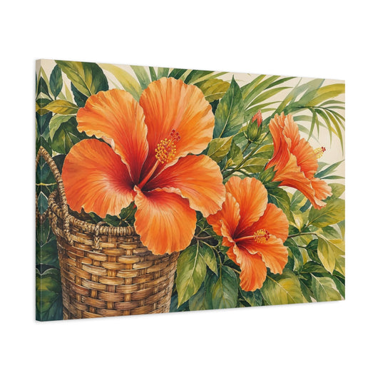 Main Mockup. Floral Orange Hibiscus Orange Green Floral shown as stretched canvas wall art