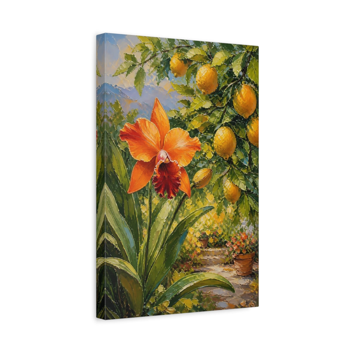 Side Mockup 4. Floral Orange Orchid Orange And Green shown as stretched canvas wall art