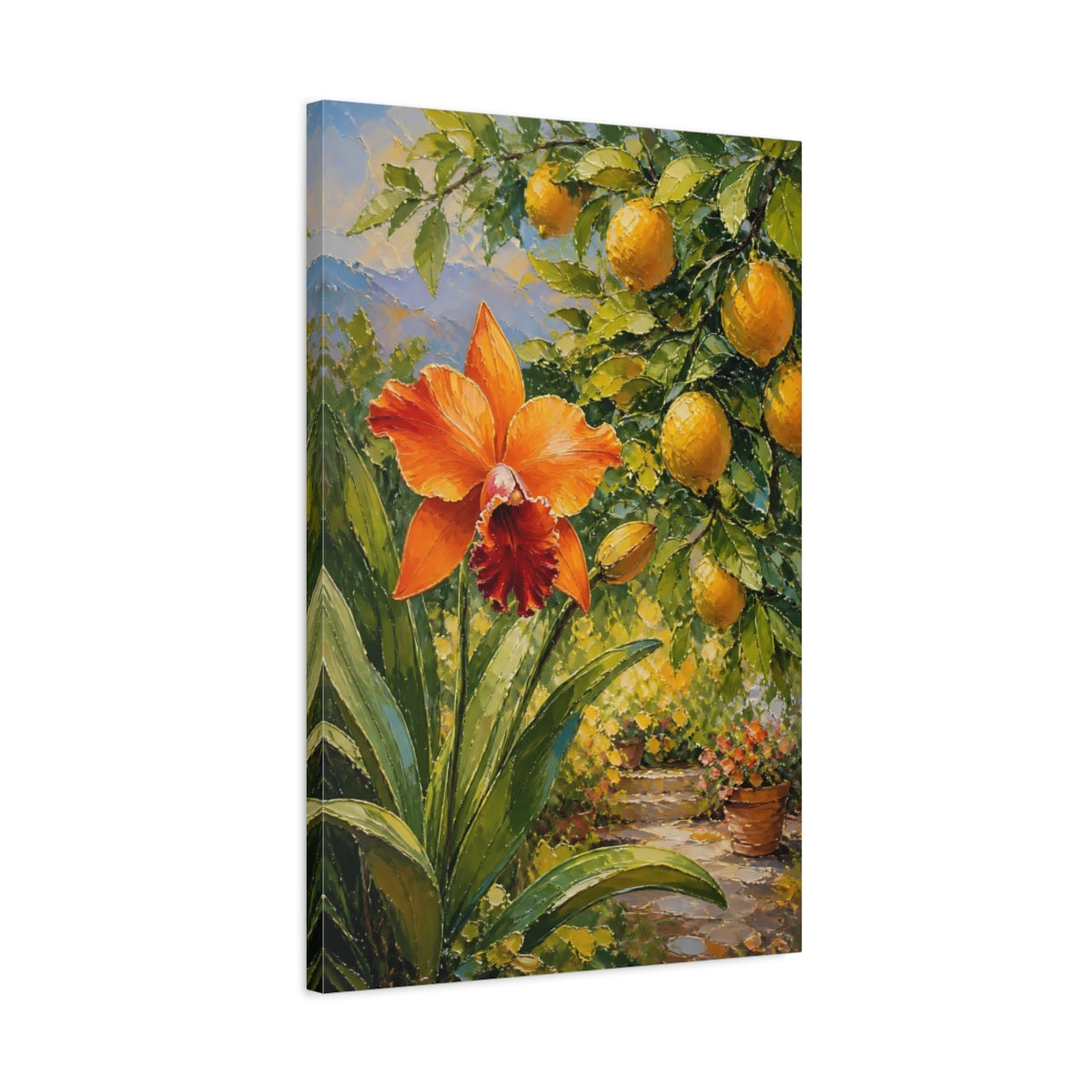 Side Mockup 2. Floral Orange Orchid Orange And Green shown as stretched canvas wall art