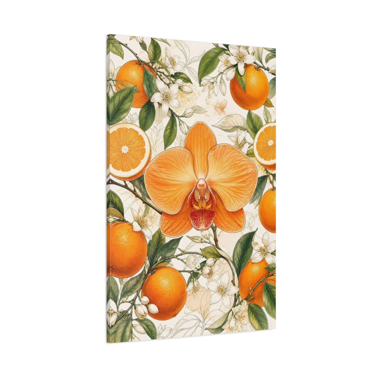 Side Mockup 1. Floral Orange Orchid Orange Floral Design shown as stretched canvas wall art