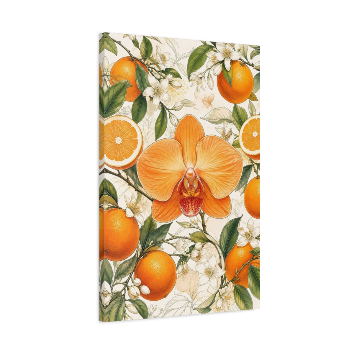 Side Mockup 2. Floral Orange Orchid Orange Floral Design shown as stretched canvas wall art