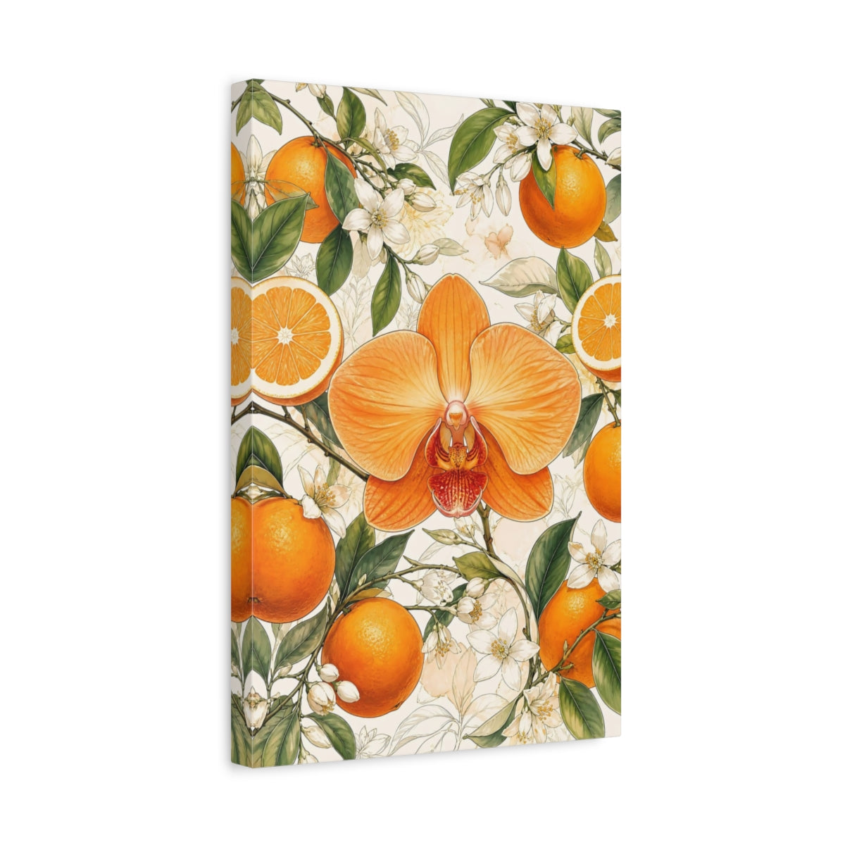 Side Mockup 4. Floral Orange Orchid Orange Floral Design shown as stretched canvas wall art