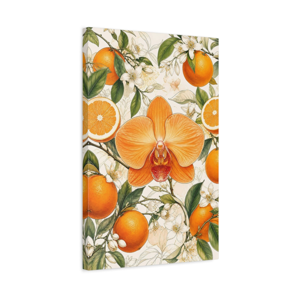 Side Mockup 3. Floral Orange Orchid Orange Floral Design shown as stretched canvas wall art