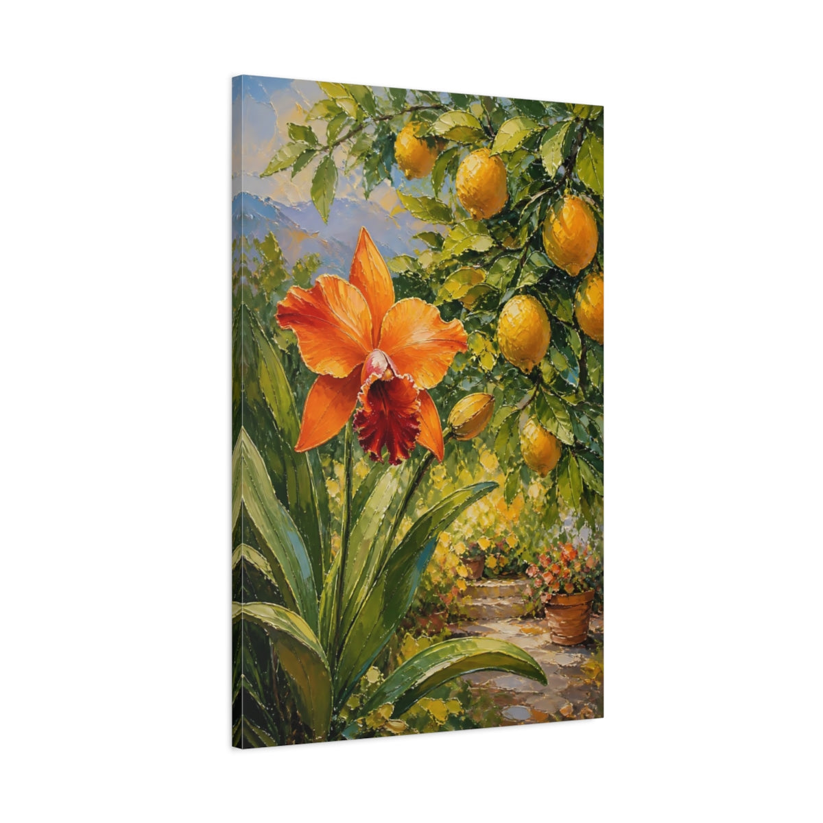 Main Mockup. Floral Orange Orchid Orange And Green shown as stretched canvas wall art