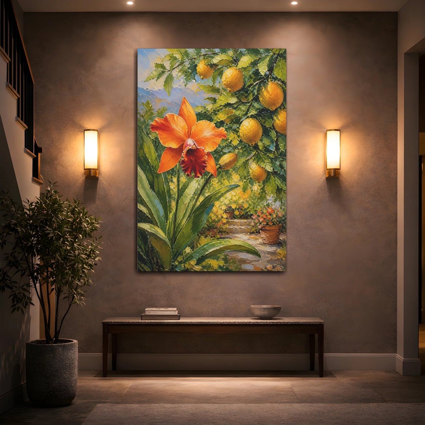 Mockup 2. Floral Orange Orchid Orange And Green shown as stretched canvas wall art