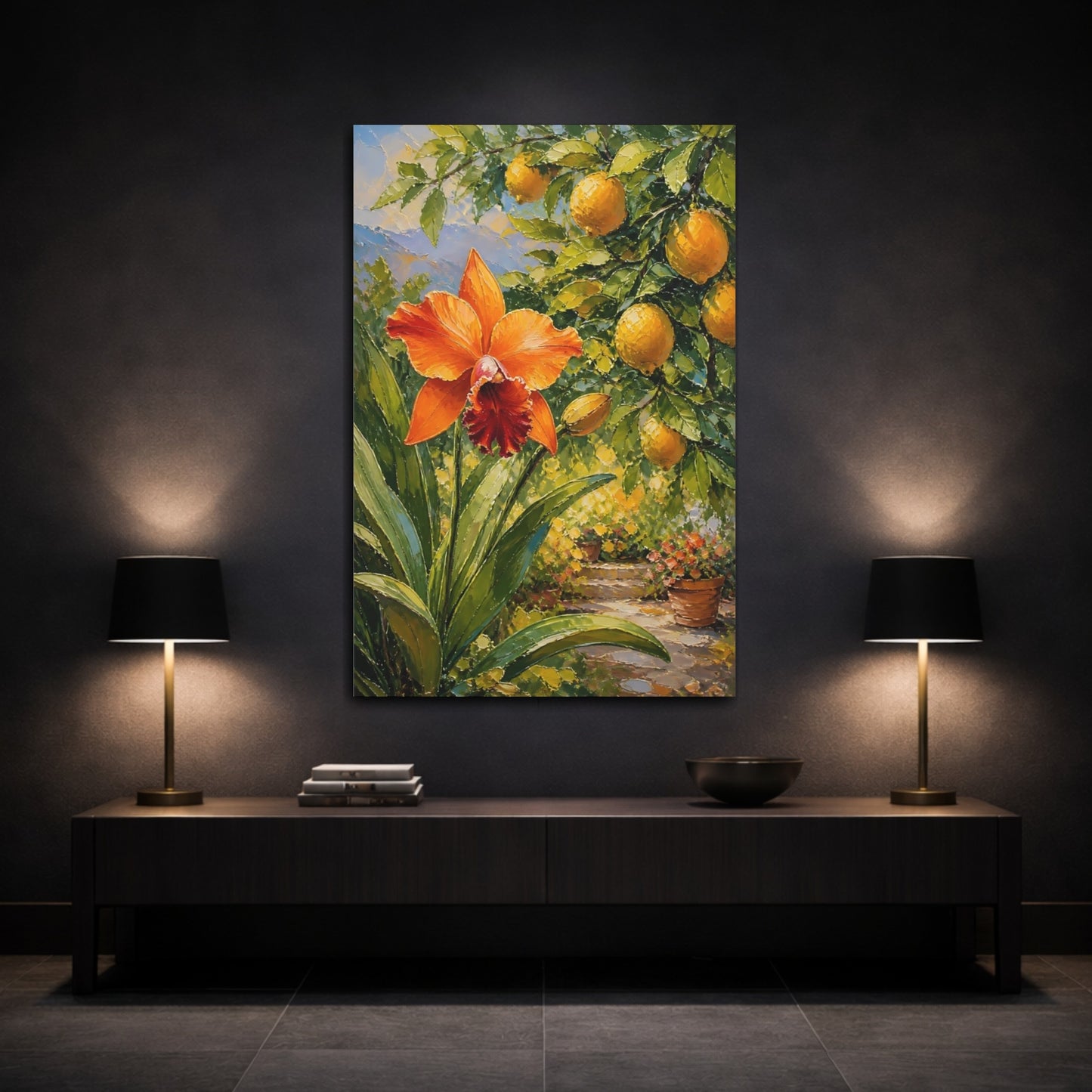 Mockup 3. Floral Orange Orchid Orange And Green shown as stretched canvas wall art