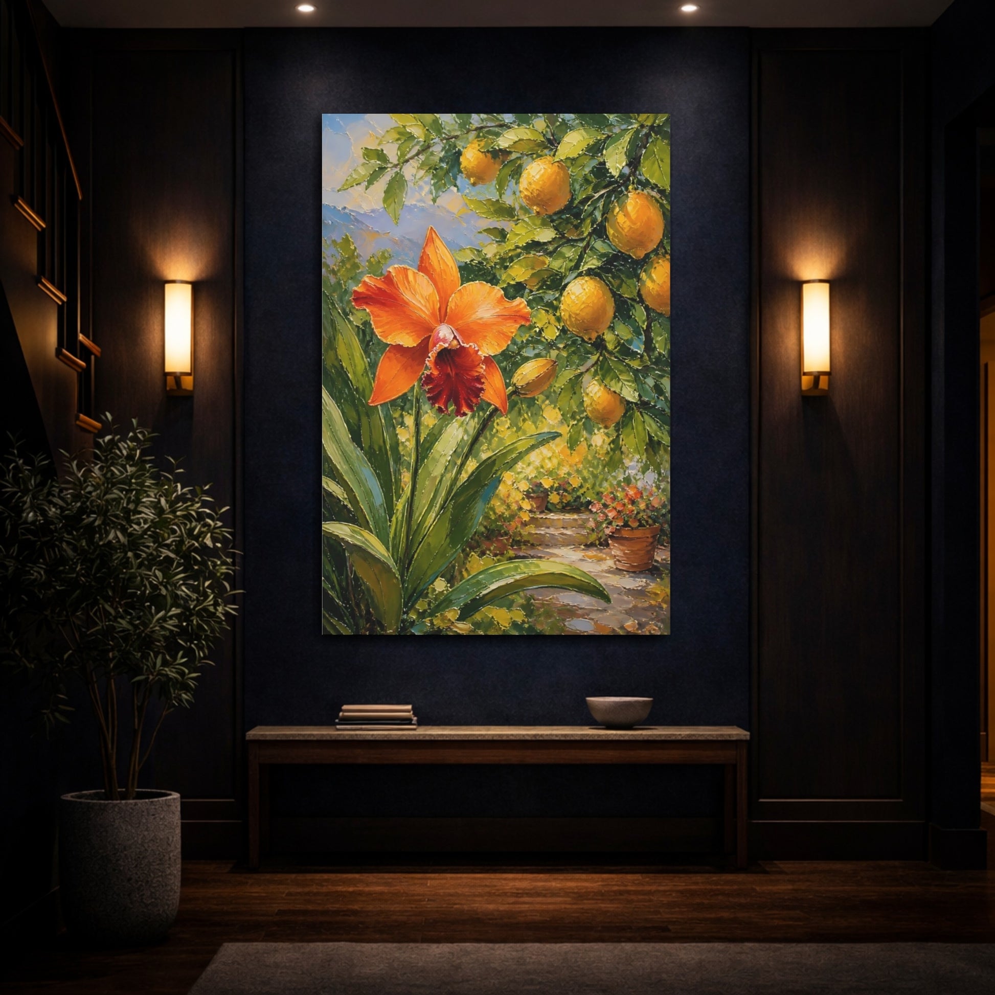 Mockup 4. Floral Orange Orchid Orange And Green shown as stretched canvas wall art