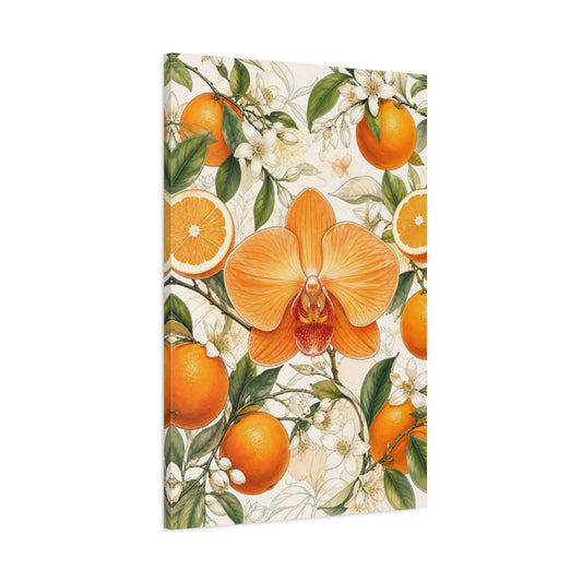 Main Mockup. Floral Orange Orchid Orange Floral Design shown as stretched canvas wall art