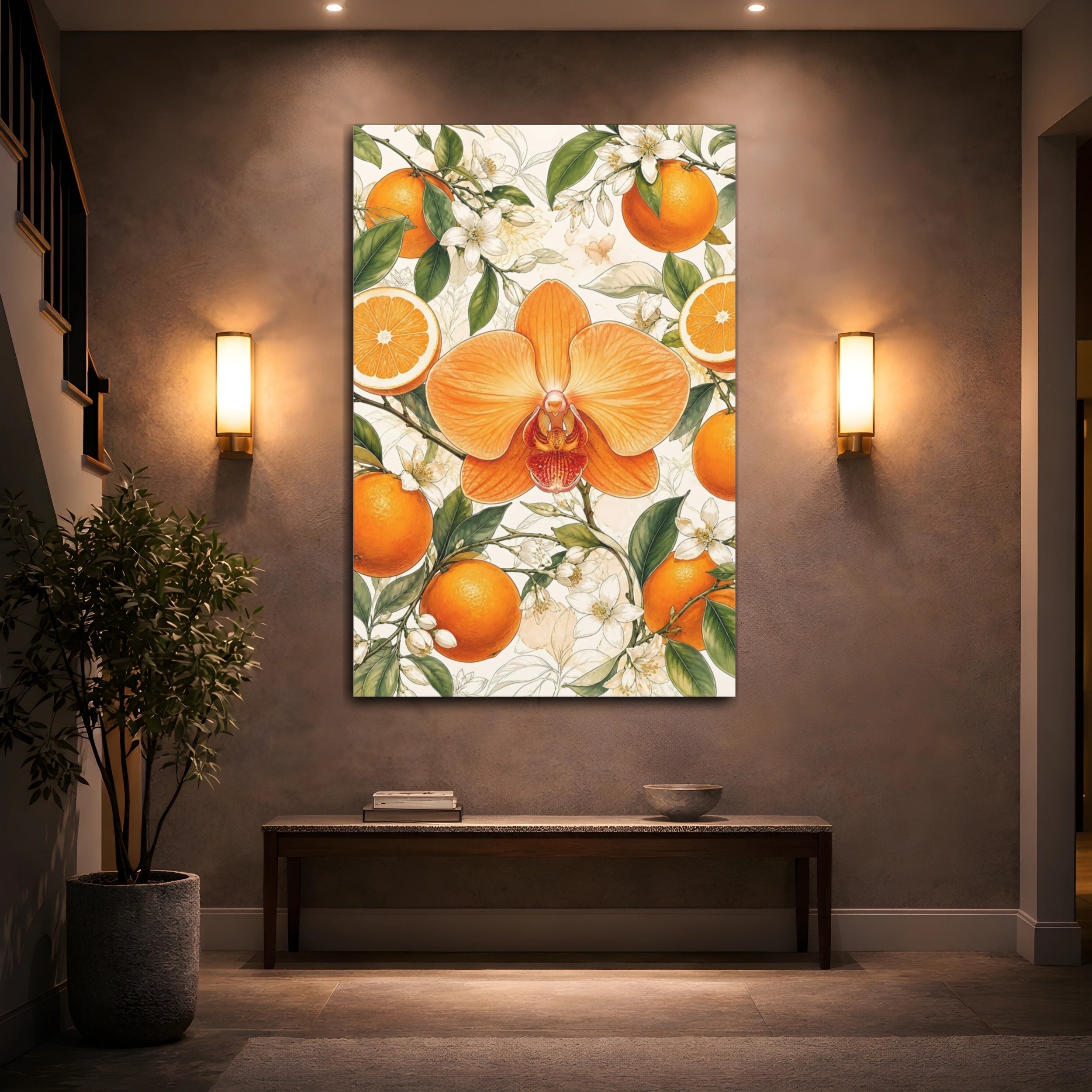Mockup 2. Floral Orange Orchid Orange Floral Design shown as stretched canvas wall art