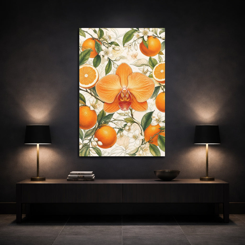 Mockup 3. Floral Orange Orchid Orange Floral Design shown as stretched canvas wall art