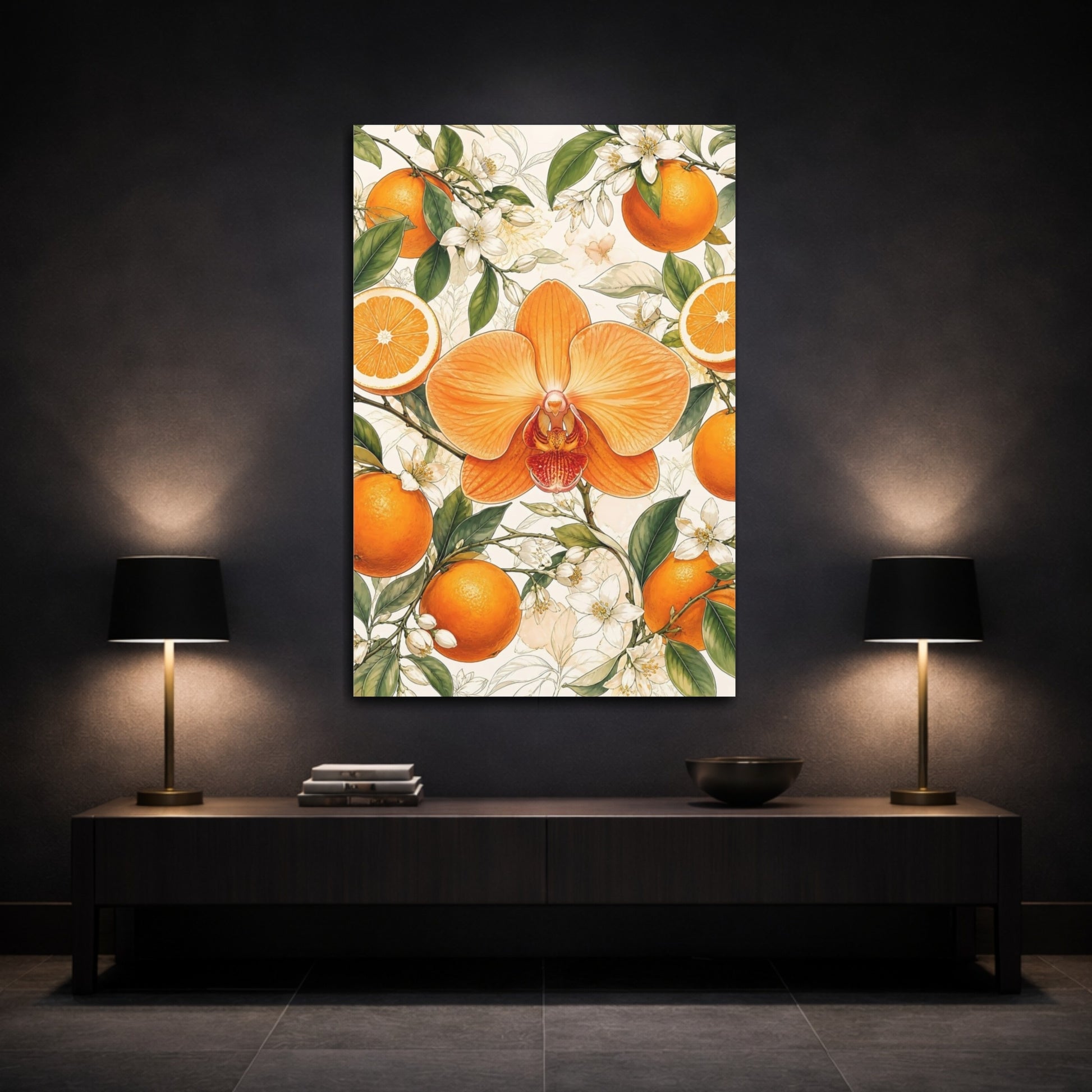 Mockup 3. Floral Orange Orchid Orange Floral Design shown as stretched canvas wall art