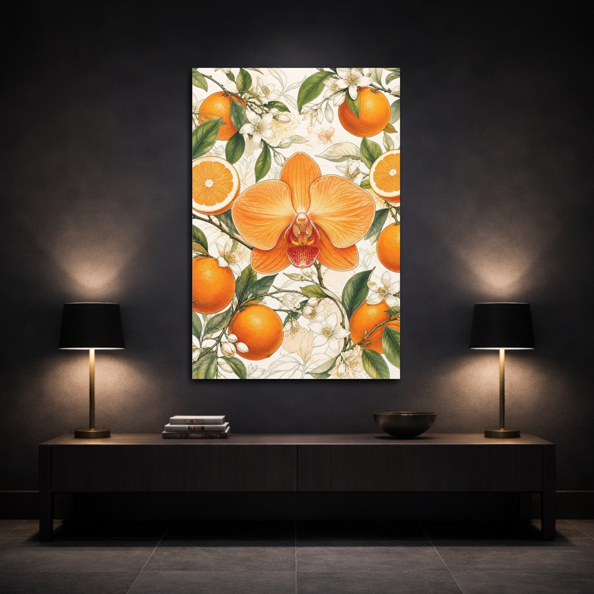 Mockup 3. Floral Orange Orchid Orange Floral Design shown as stretched canvas wall art