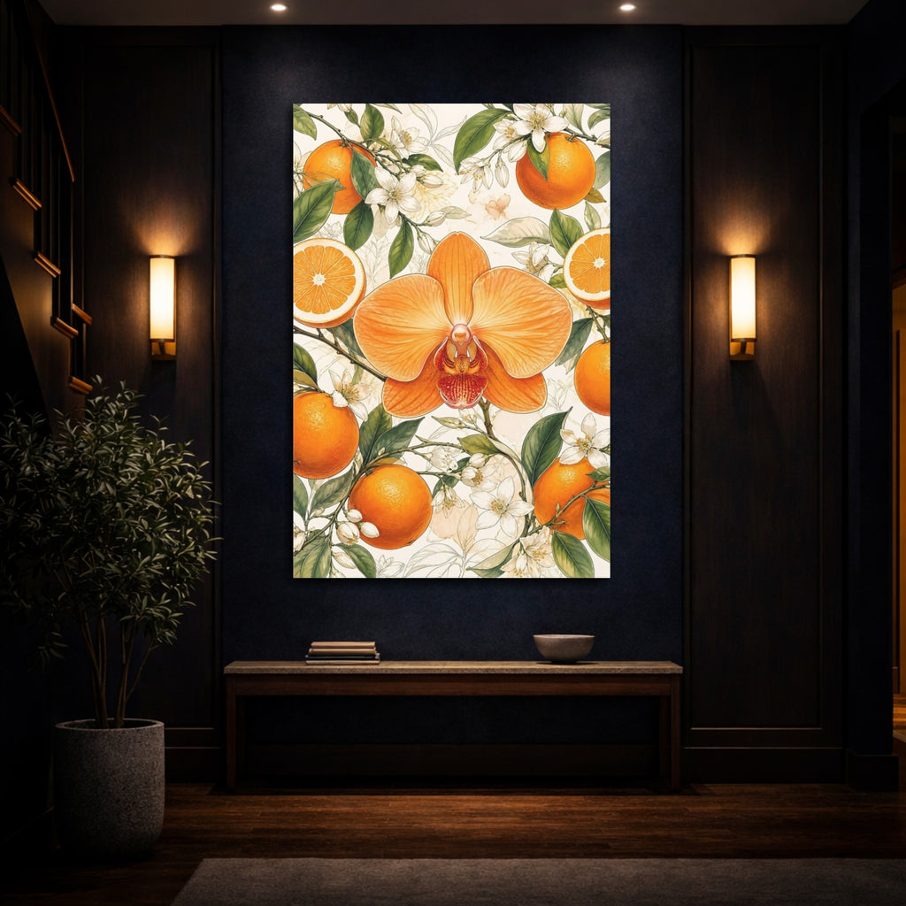 Mockup 4. Floral Orange Orchid Orange Floral Design shown as stretched canvas wall art