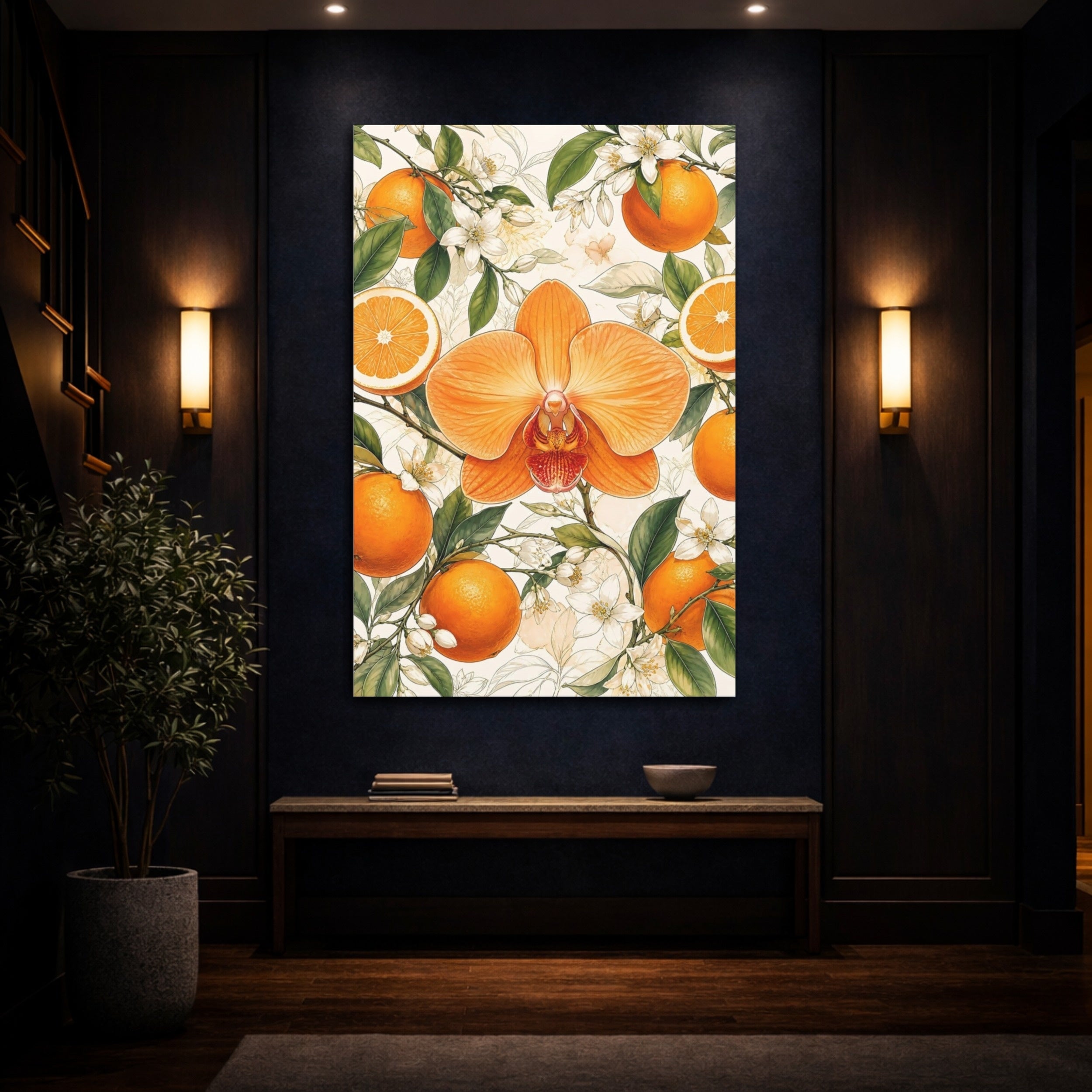 Mockup 4. Floral Orange Orchid Orange Floral Design shown as stretched canvas wall art