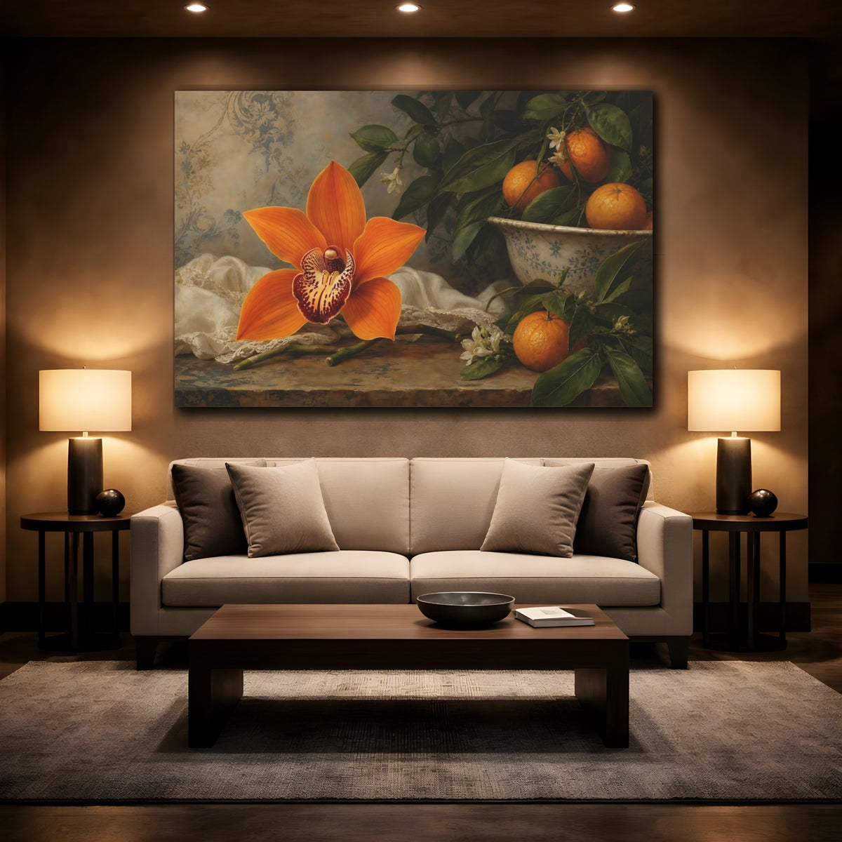 Mockup 2. Floral Orange Orchid Orange Floral Still Life shown as stretched canvas wall art