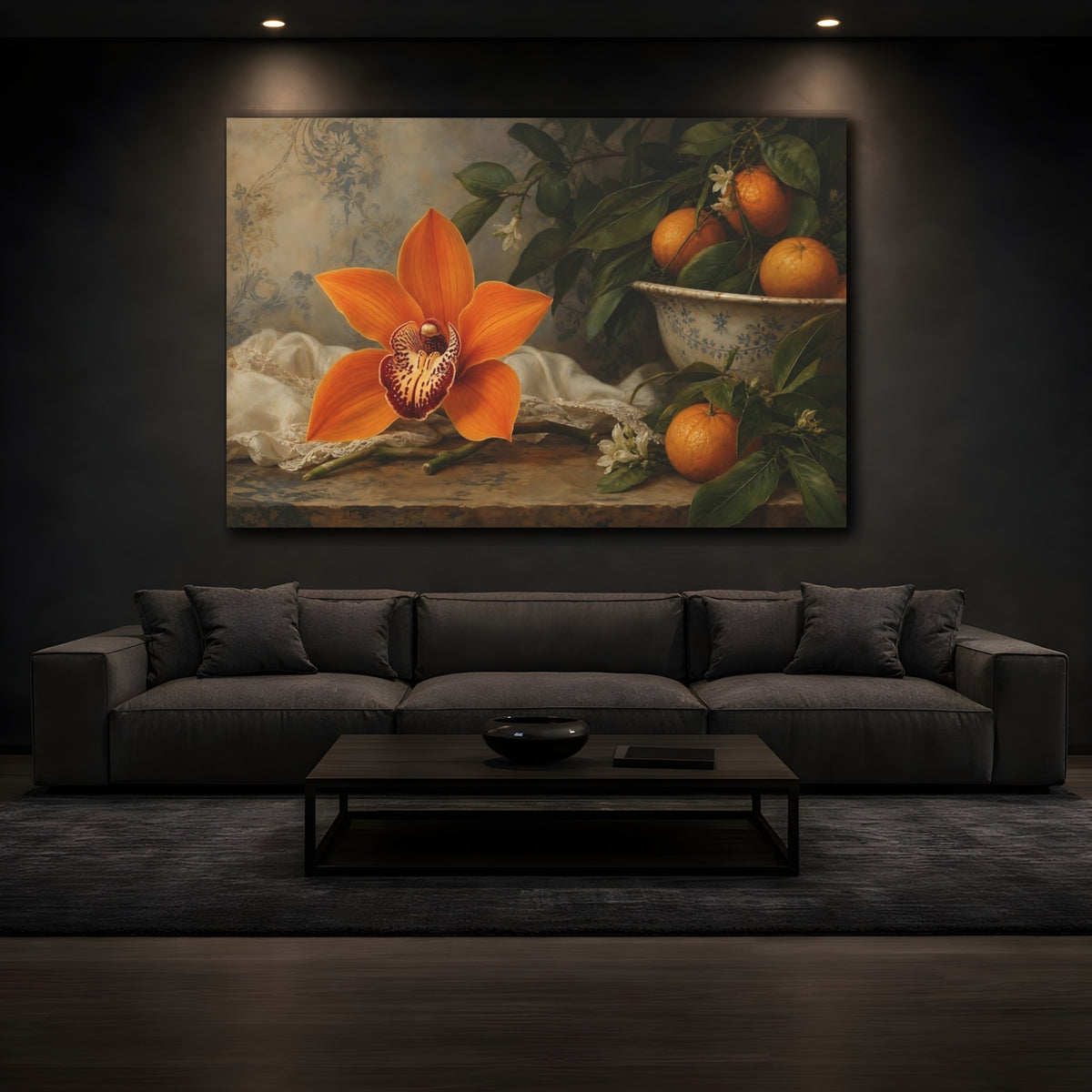 Mockup 3. Floral Orange Orchid Orange Floral Still Life shown as stretched canvas wall art