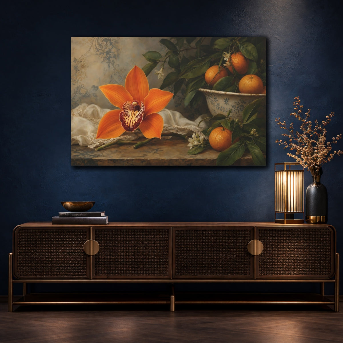 Mockup 4. Floral Orange Orchid Orange Floral Still Life shown as stretched canvas wall art