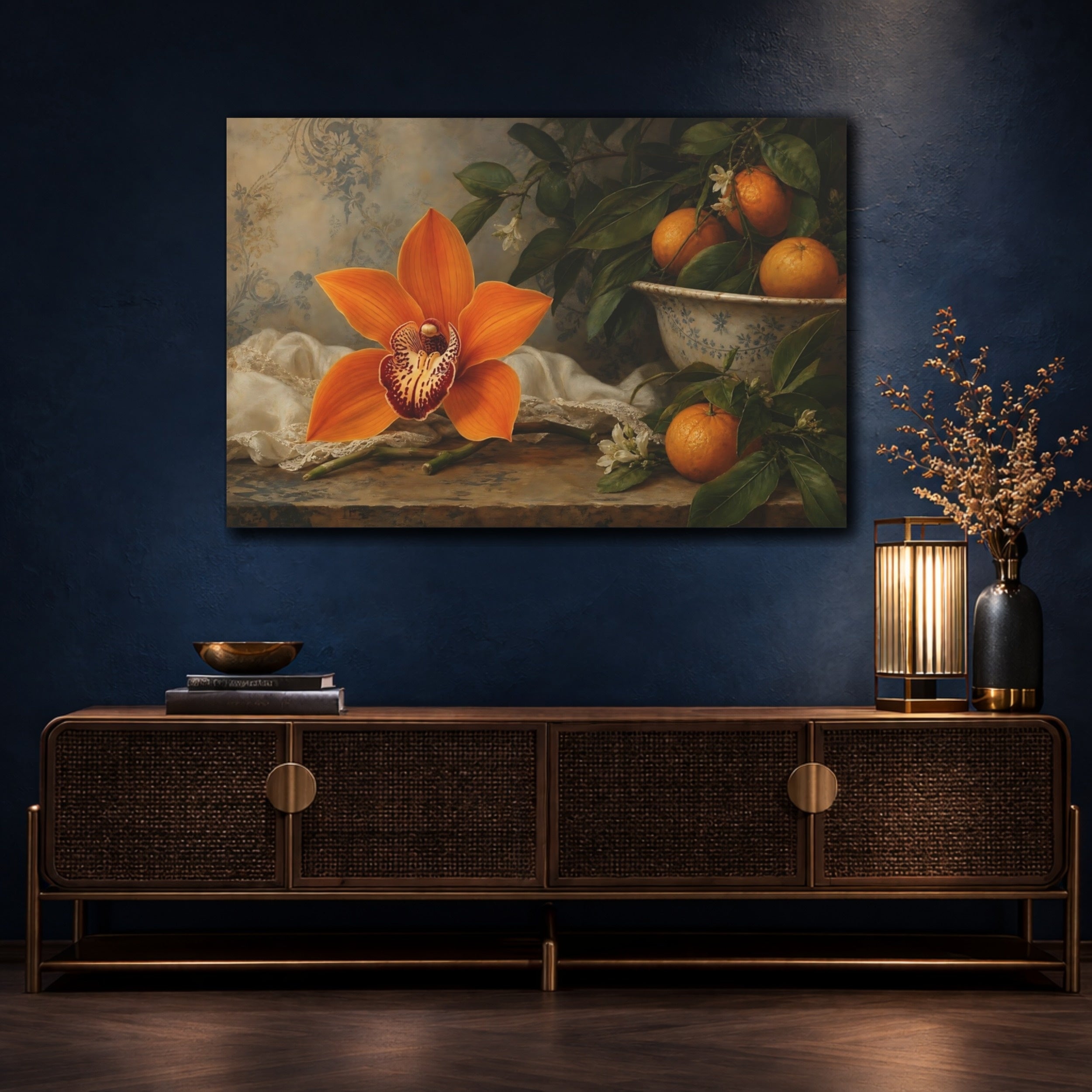 Mockup 4. Floral Orange Orchid Orange Floral Still Life shown as stretched canvas wall art