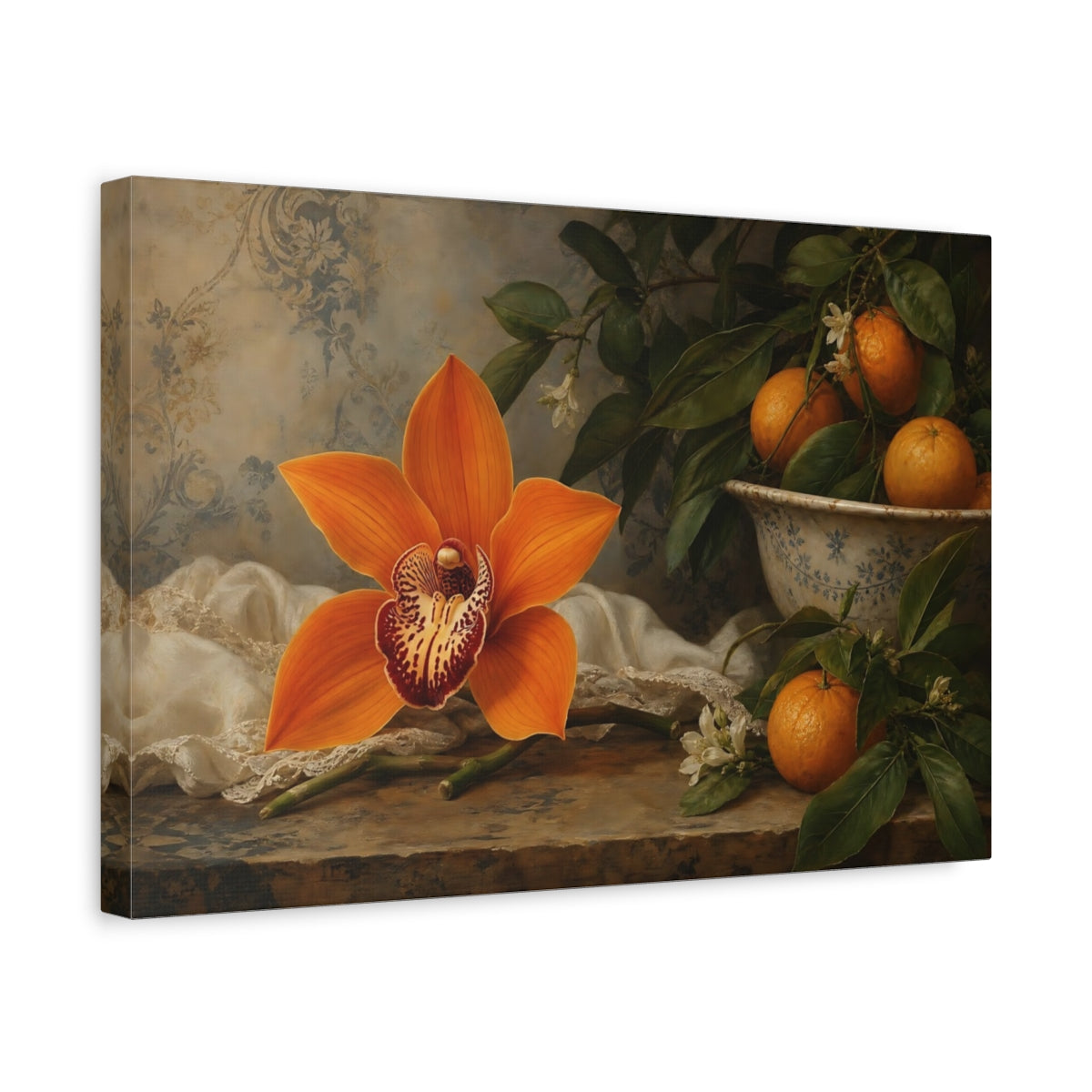 Side Mockup 4. Floral Orange Orchid Orange Floral Still Life shown as stretched canvas wall art
