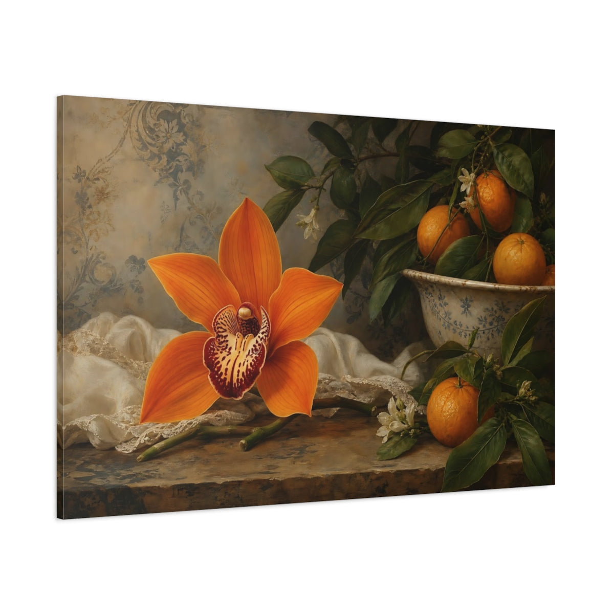 Side Mockup 1. Floral Orange Orchid Orange Floral Still Life shown as stretched canvas wall art
