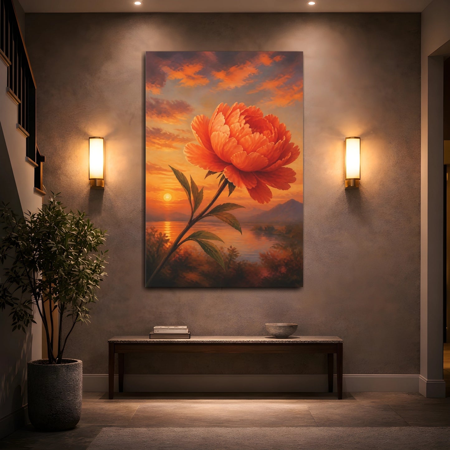 Mockup 2. Floral Orange Peony Orange Floral Sunset shown as stretched canvas wall art
