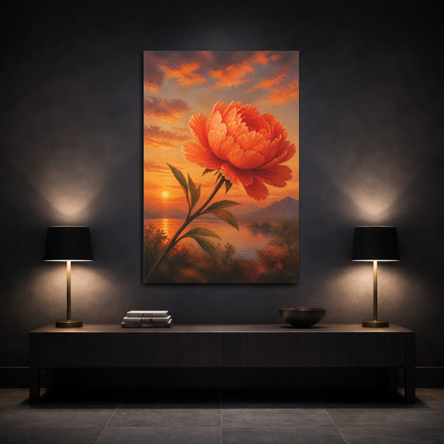 Mockup 3. Floral Orange Peony Orange Floral Sunset shown as stretched canvas wall art