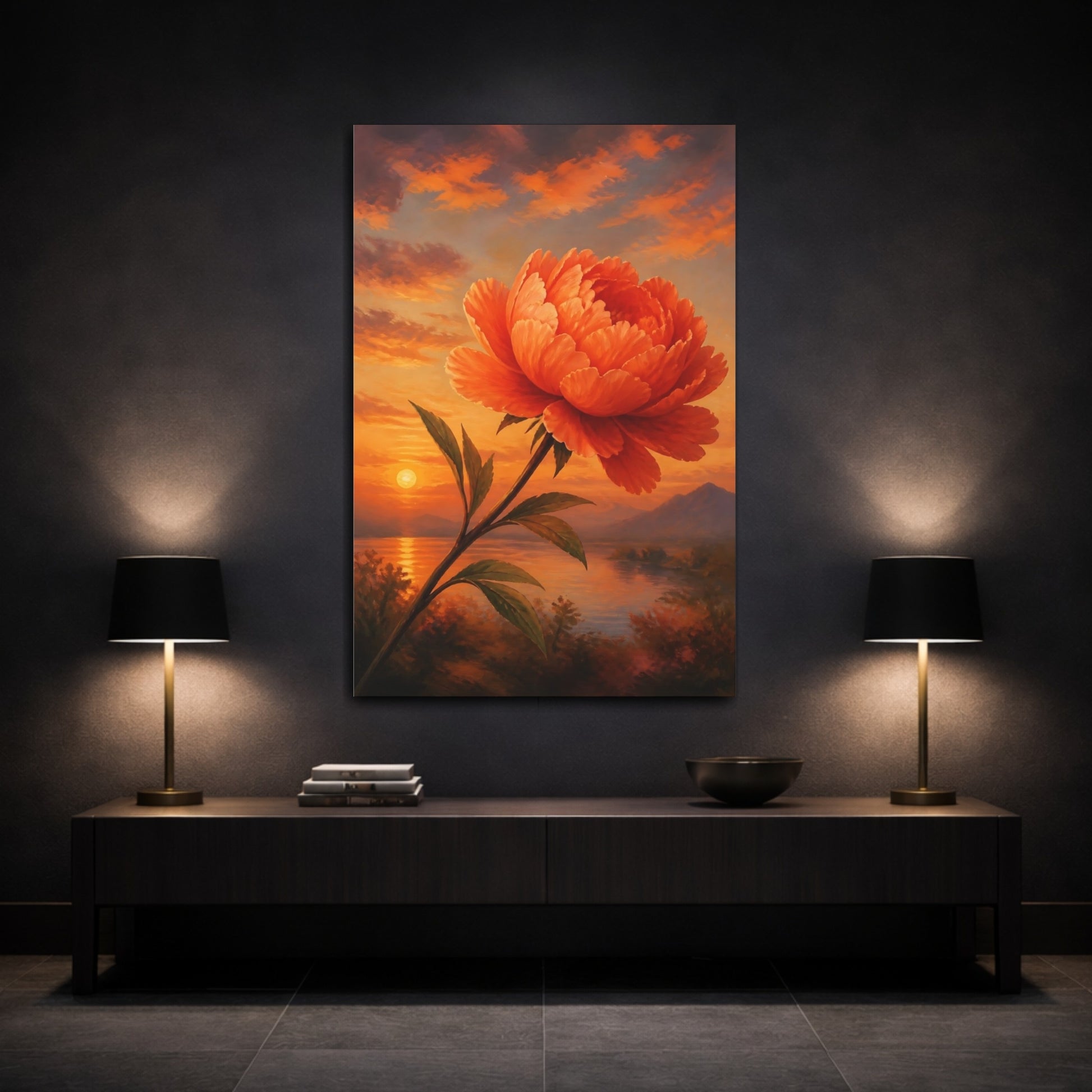 Mockup 3. Floral Orange Peony Orange Floral Sunset shown as stretched canvas wall art