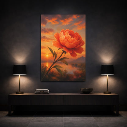 Mockup 3. Floral Orange Peony Orange Floral Sunset shown as stretched canvas wall art