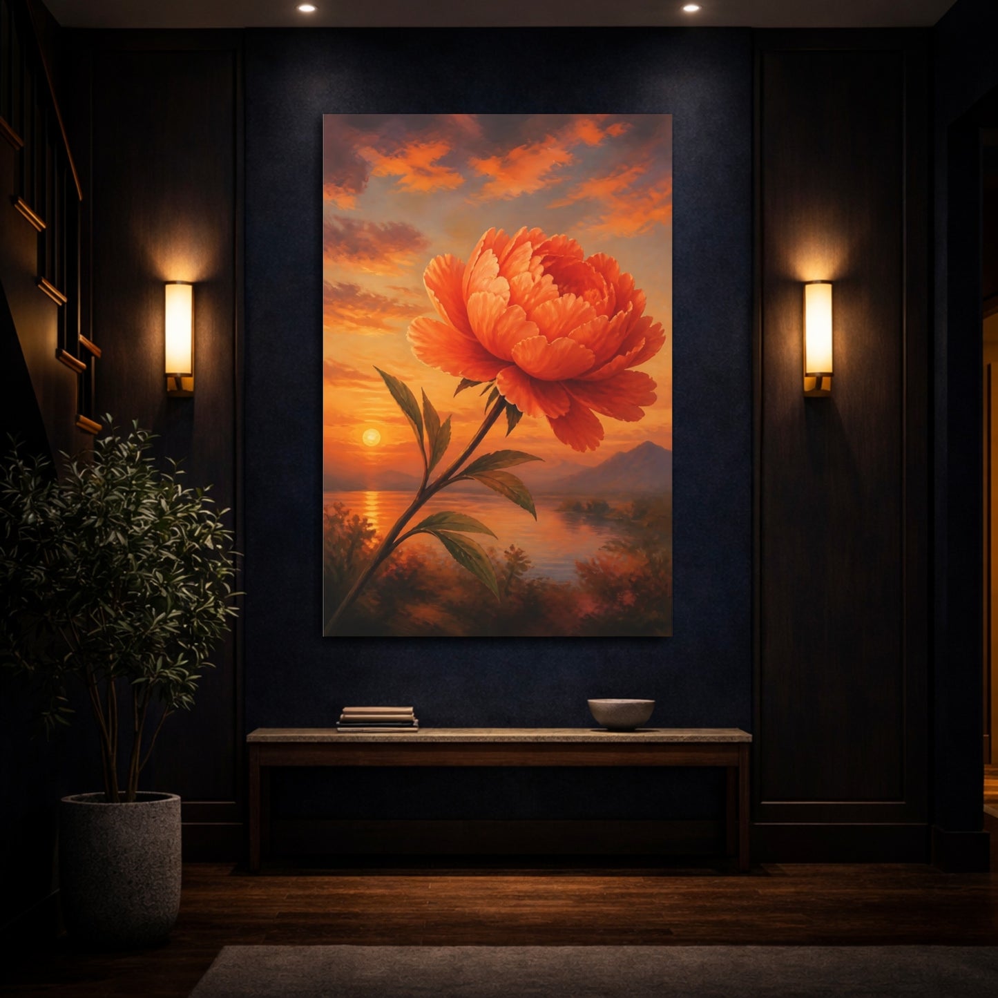 Mockup 4. Floral Orange Peony Orange Floral Sunset shown as stretched canvas wall art
