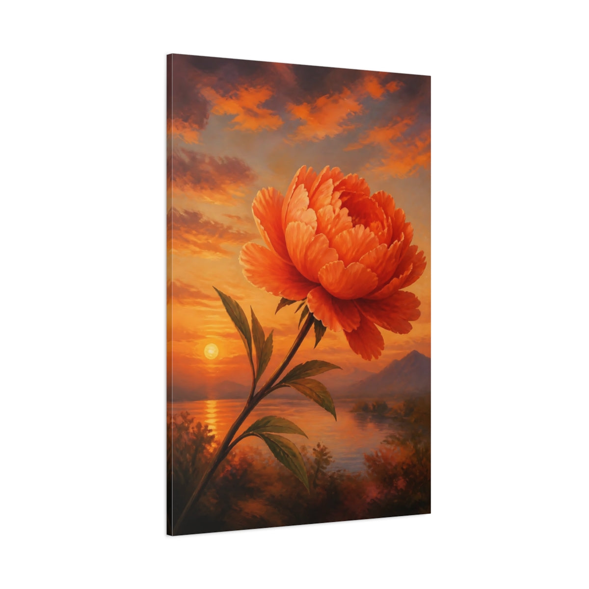Side Mockup 1. Floral Orange Peony Orange Floral Sunset shown as stretched canvas wall art