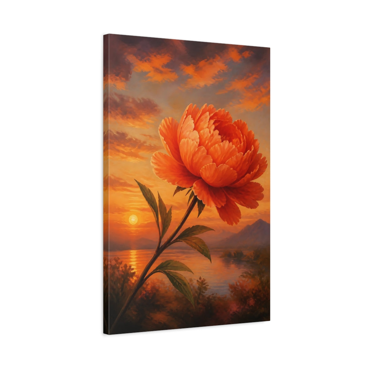 Side Mockup 2. Floral Orange Peony Orange Floral Sunset shown as stretched canvas wall art
