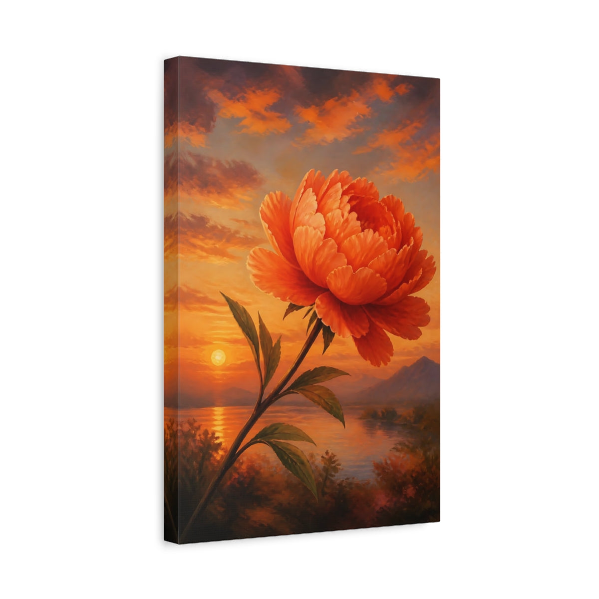 Side Mockup 4. Floral Orange Peony Orange Floral Sunset shown as stretched canvas wall art