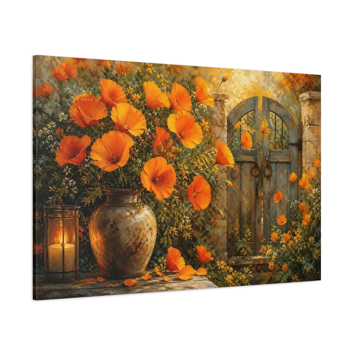 Side Mockup 1. Floral Orange Poppies Orange Floral shown as stretched canvas wall art