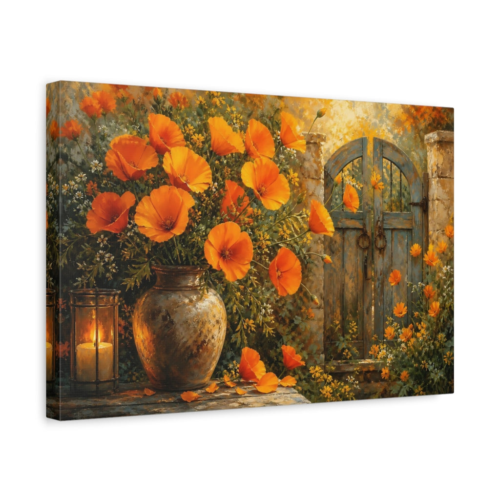 Side Mockup 4. Floral Orange Poppies Orange Floral shown as stretched canvas wall art