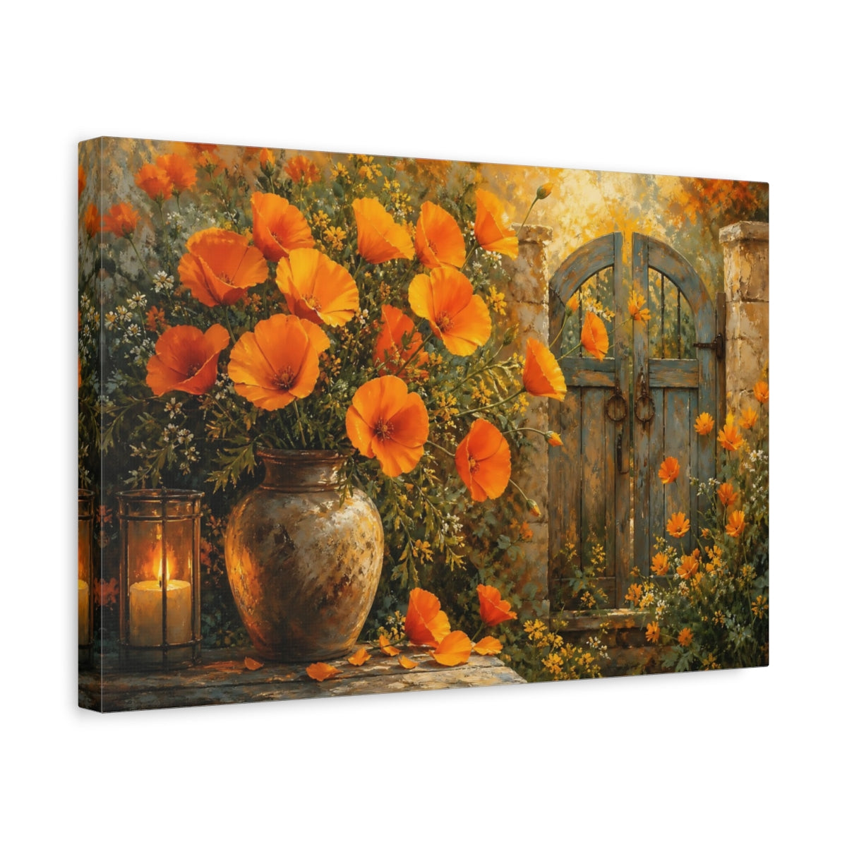 Side Mockup 4. Floral Orange Poppies Orange Floral shown as stretched canvas wall art