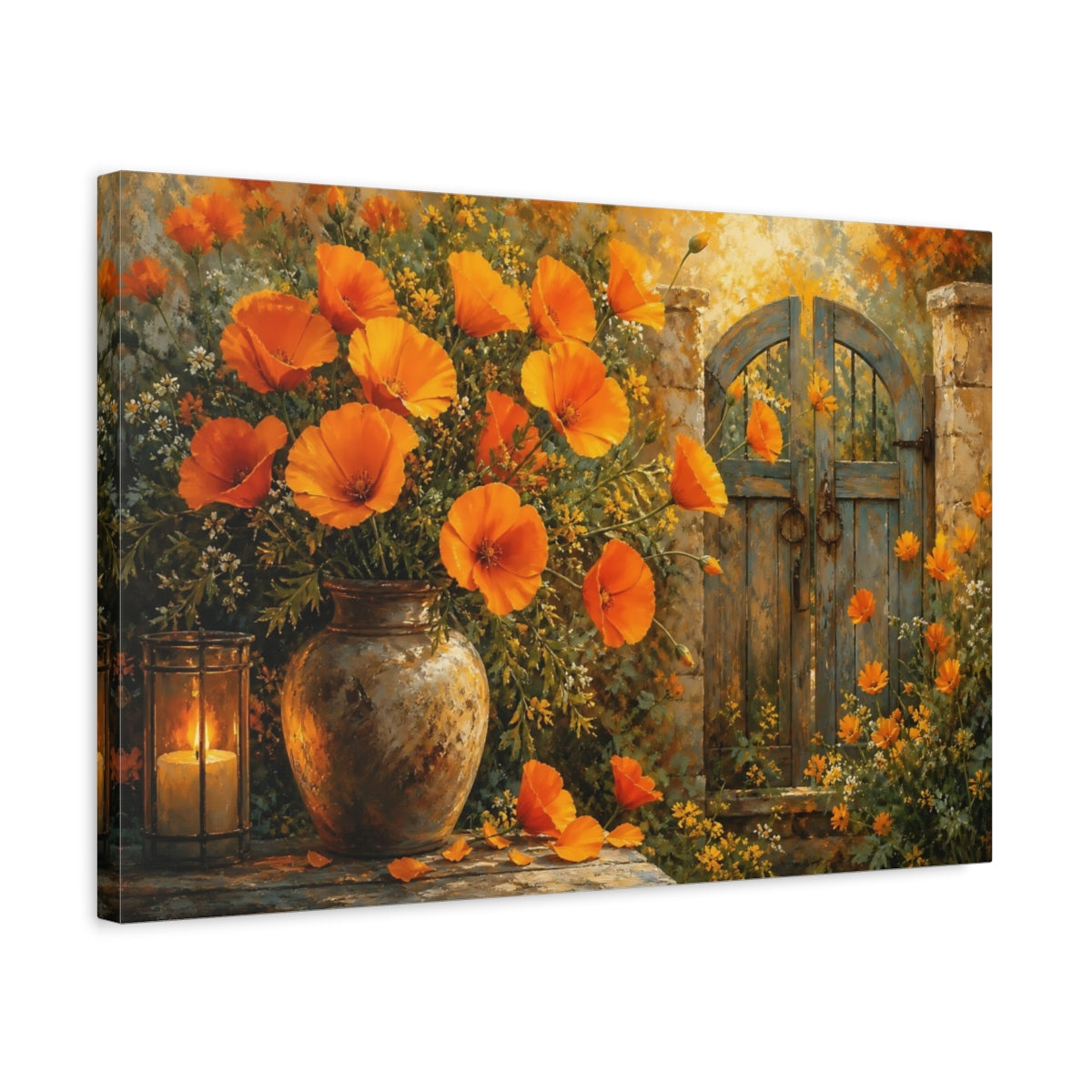Side Mockup 3. Floral Orange Poppies Orange Floral shown as stretched canvas wall art