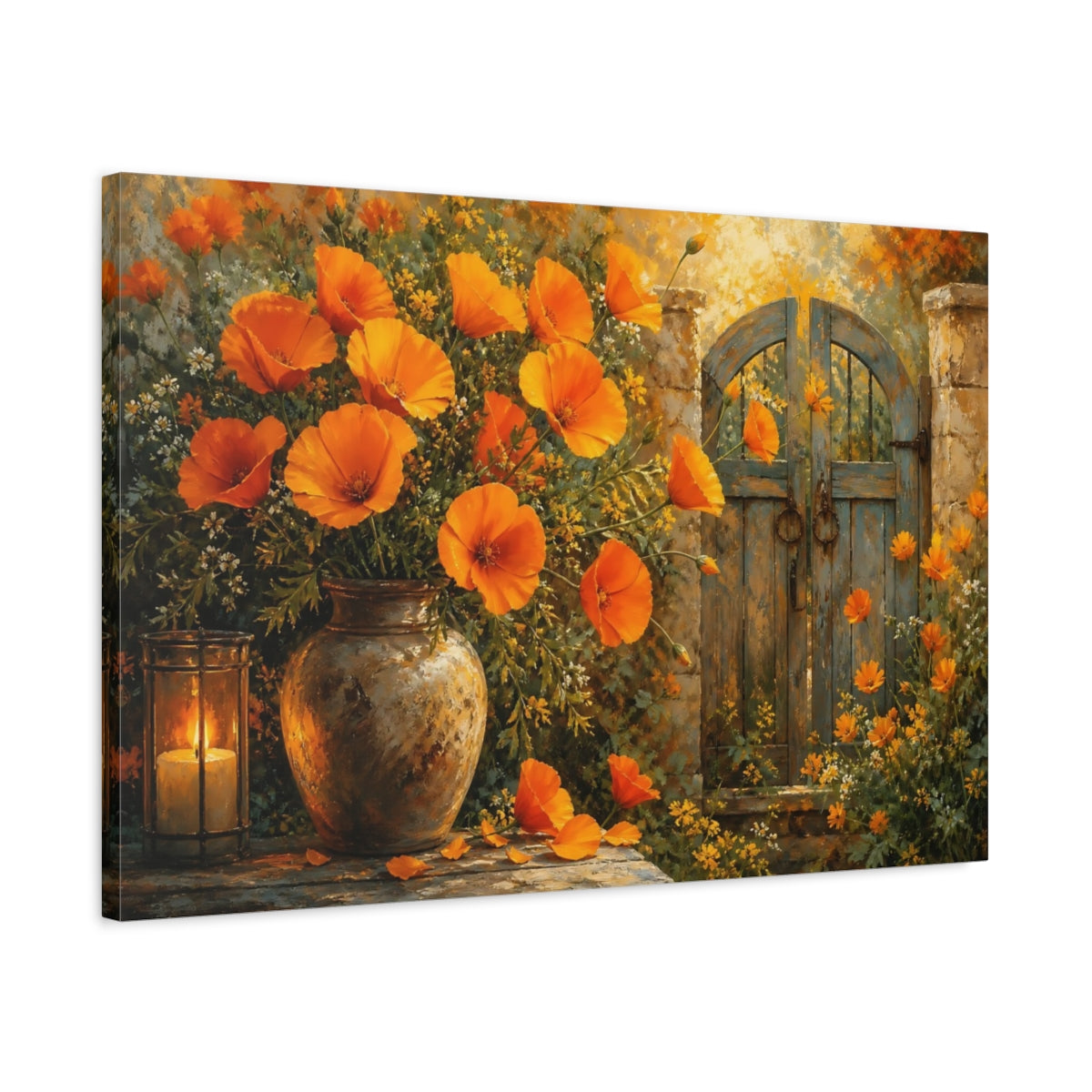Side Mockup 2. Floral Orange Poppies Orange Floral shown as stretched canvas wall art