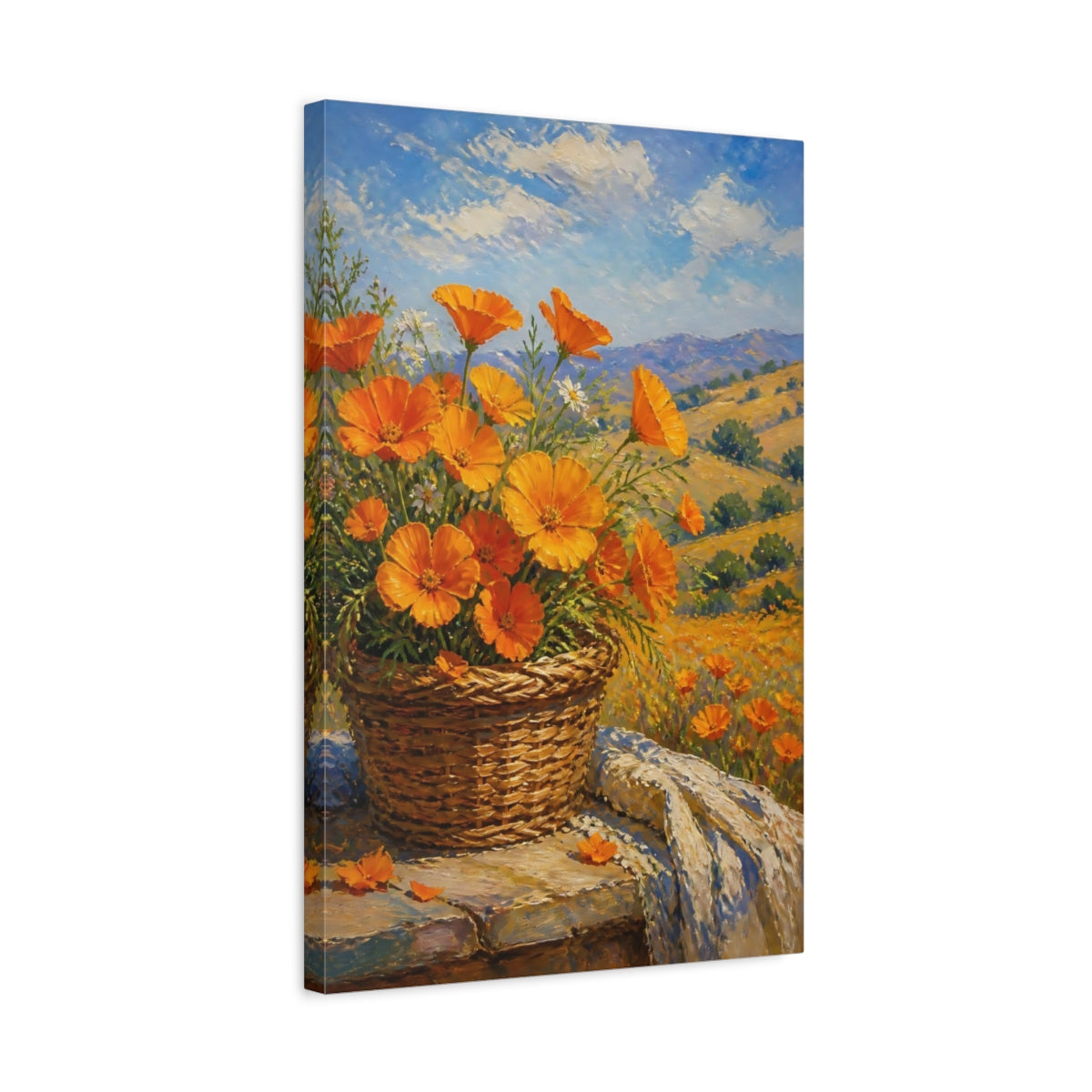Side Mockup 3. Floral Orange Poppies Orange Poppies shown as stretched canvas wall art